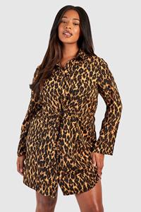 Boohoo Plus Leopard Drawstring Waist Shirt Dress, Leopard