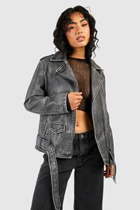 Boohoo Oversized Washed Faux Leather Biker Jacket, Black