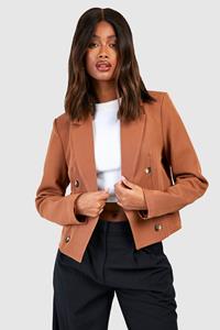 Boohoo Mock Horn Double Breasted Longline Cropped Blazer, Toffee