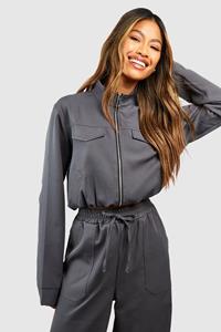 Boohoo Woven Pocket Detail Relaxed Fit Bomber Jacket, Charcoal