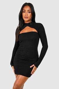 Boohoo Geborstelde Geribbelde 2-In-1 Jurk Met Hoge Hals, Black