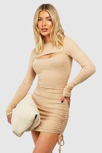 Boohoo Zachte Geribbelde Geplooide Mini Jurk Met Uitsnijding, Oatmeal