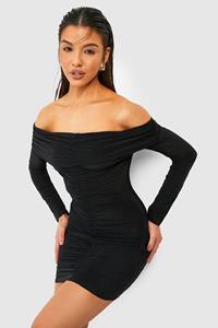 Boohoo Geplooide Strakke Mini Jurk Met Uitgesneden Hals, Black