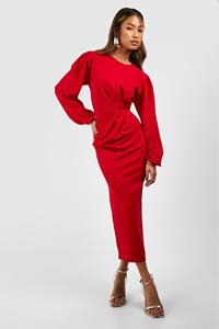 Boohoo Gedrapeerde Crêpe Midaxi Jurk Met Volle Mouwen, Red