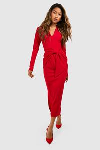 Boohoo Crêpe Midaxi Jurk Met Taille Detail, Red