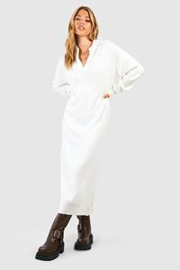Boohoo Gebreide Midi Jurk Met V-Hals En Kraag, Ecru