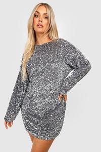 Boohoo Plus Loshangende Jurk Met Pailletten En Vleermuismouwen, Silver