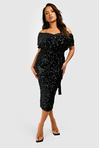 Boohoo Plus Midi Wikkeljurk Met Pailletten En Open Schouders, Black