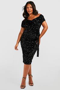 Boohoo Plus Off Shoulder Midi Wikkel Jurk Met Pailletten, Zwart