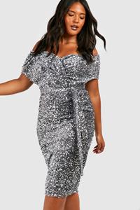 Boohoo Plus Off Shoulder Midi Wikkel Jurk Met Pailletten, Zilver