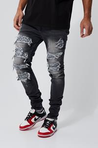 Boohoo Tall Overdye Skinny Fit Rip & Repair Bandana Print Jeans, Grey