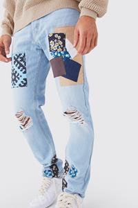 Relaxed Fit Mix Print Patchwork Jeans, Ice Blue
