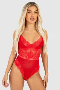 Boohoo Kruisloze Kanten En Mesh Valentijns One Piece, Red