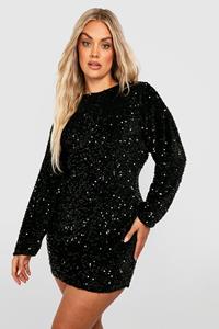 Boohoo Plus Loshangende Jurk Met Pailletten En Vleermuismouwen, Black