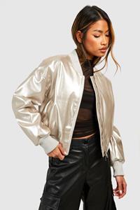 Boohoo Kort Nepleren Metallic Vinyl Bomberjack, Silver