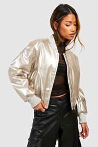 Boohoo Kort Nepleren Metallic Vinyl Bomberjack, Silver