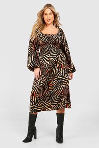 Boohoo Plus Dierenprint Midi Jurk Met Geplooide Buste, Brown