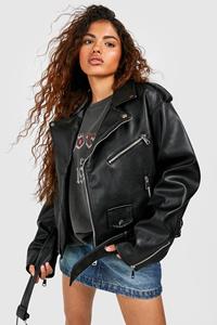 Boohoo Petite Oversized Nepleren Biker Jas, Black