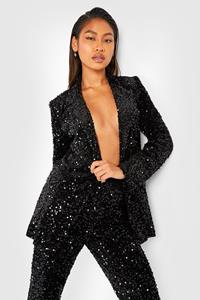 Boohoo Fluwelen Glitter Blazer Met Pailletten En Laag Decolleté, Black