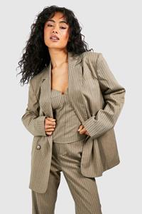 Boohoo Linen Look Pinstripe Double Breasted Blazer, Taupe