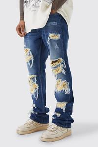 Boohoo Onbewerkte Contrasterende Gescheurde Flared Slim Fit Jeans, Dark Blue