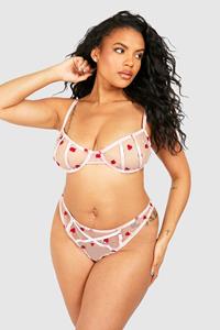 Boohoo Plus Rose Embroidery Bra & Knicker Lingerie Set, Red