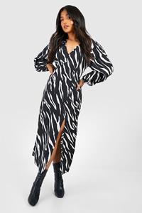 Boohoo Petite Animal Print Blouson Sleeve Midaxi Dress, Black