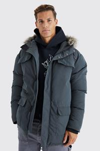 Boohoo Tall Arctic Parka Jas Met Faux Fur Capuchon, Charcoal