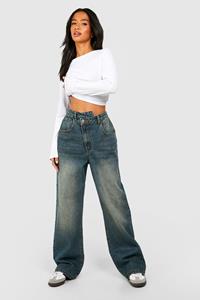 Boohoo Petite Jeans Met Asymmetrische Tailleband En Rechte Pijpen, Vintage Wash