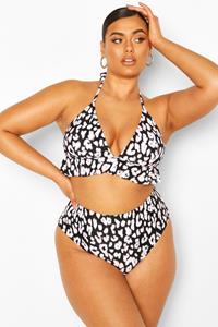 Boohoo Plus Luipaardprint Bikini Met Ruches En Hoge Taille, Black