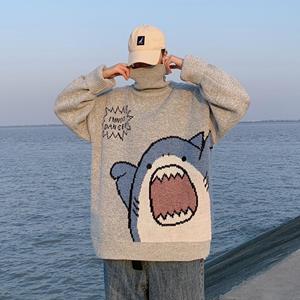 MIO-Fashion Men Turtlenecks Shark Sweater Men 2023 Winter Patchwor  Korean Style High Neck Oversized  Turtleneck for Men
