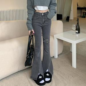 Zhanjie Ladies Clothing Gray Jeans for Women Y2k High Waist Flared Pants Slit Elasticity Slim Vintage Streetwear Denim Trouser