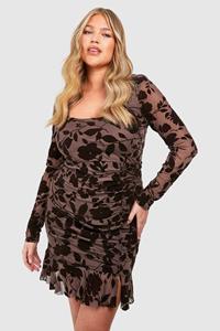 Boohoo Plus Geplooide Devore Bodycon Jurk, Chocolate
