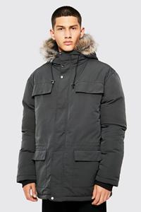 Boohoo Arctic Parka Jas Met Faux Fur Capuchon, Charcoal