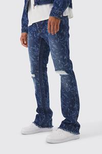 Boohoo Slim Fit Flared Laser Print Jeans Met Gusset Detail, Dark Blue