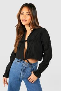 Boohoo Ruched Sleeve Tie Detail Cropped Shirt, Black