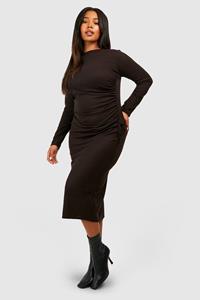 Boohoo Plus Wide Soft Rib Ruched Midi Dress, Black