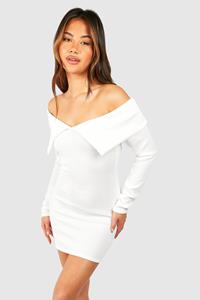 Boohoo Bardot Heavy Rib Long Sleeve Mini Dress, Cream