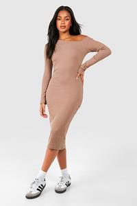 Boohoo Geribbelde Assymetrische Midi Jurk Met Lange Mouwen, Camel