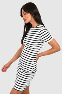 Boohoo Super Zachte Gestreepte Premium Bodycon Mini Jurk Met Korte Mouwen, White