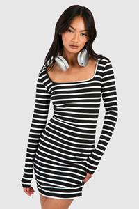 Boohoo Super Zachte Gestreepte Premium Bodycon Mini Jurk Met Vierkante Hals, Black