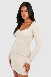 Boohoo Geribbelde Mini Jurk Met Harvormige Hals En Lange Mouwen, Stone