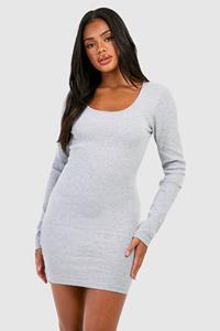 Boohoo Geribbelde Mini Jurk Met Lage Ronde Hals En Lange Mouwen, Grey Marl