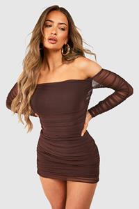 Boohoo Bardot Ruched Mesh Mini Dress, Chocolate