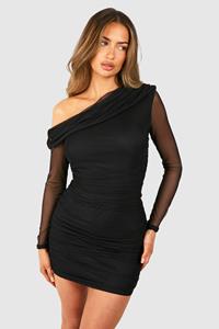 Boohoo Geplooide Mesh Mini Jurk Met Eén Blote Schouder En Lange Mouwen, Black
