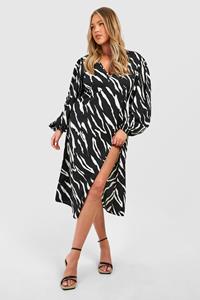 Boohoo Plus Animal Print Blouson Sleeve Midi Dress, Black