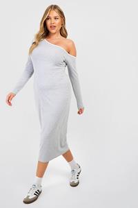 Boohoo Plus Contrasterende Katoenen Elastische Off Shoulder Midi Jurk, Grey Marl