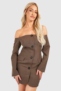 Boohoo Bardot Button Front Blazer Dress, Chocolate