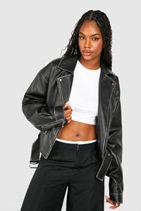 Boohoo Tall Vintage Wash Pu Biker Jacket, Black