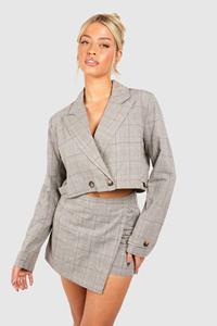 Boohoo Korte Geruite Linnen Look Boxy Blazer, Chocolate